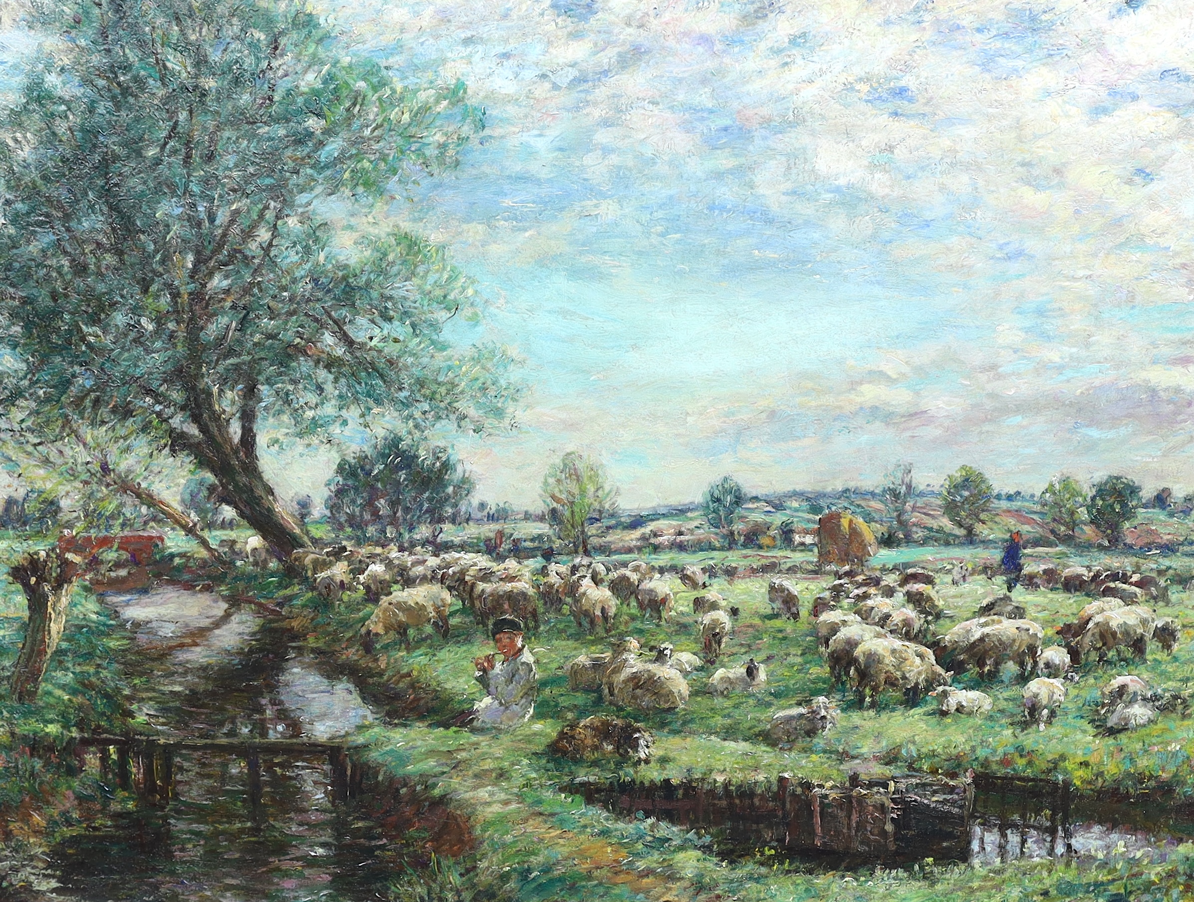 William Mark Fisher (American 1841-1923), Sheep in a water meadow, oil on canvas, 65 x 85cm
